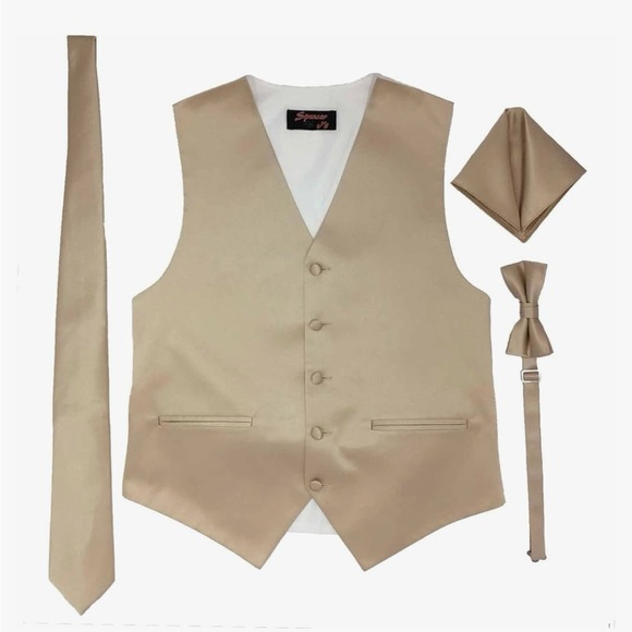 BRYAN MICHAELS Men’s Ivory Slim Fit 2 Piece Tuxedo W/Champagne 4 Piece Vest Set - Picture 16 of 17
